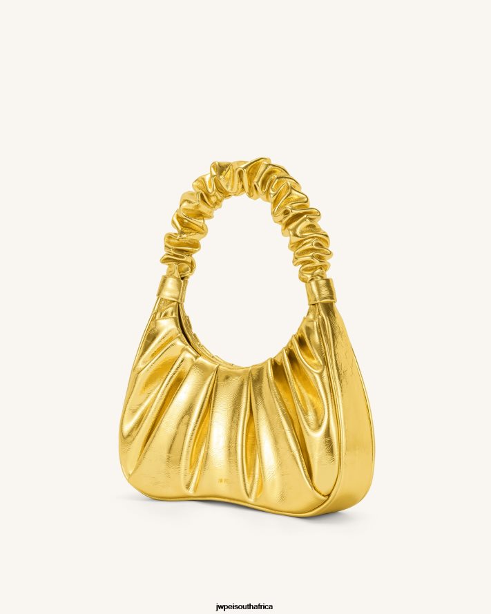 Gold JW PEI Gabbi Metallic Ruched Hobo Handbag VZL0L0145 Shoulder Bag