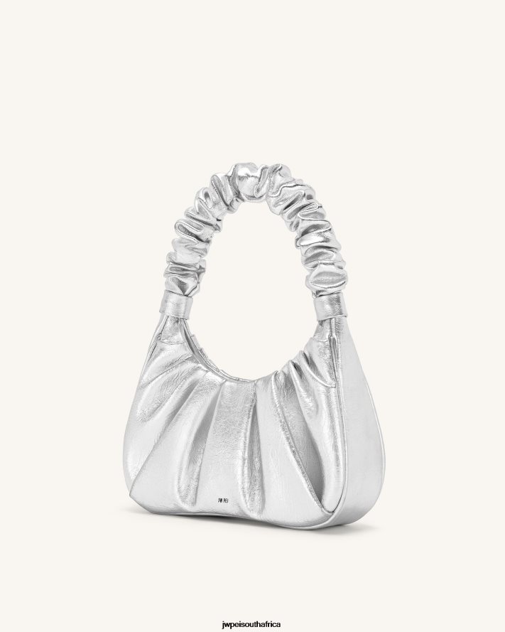 Silver JW PEI Gabbi Metallic Ruched Hobo Handbag VZL0L0146 Shoulder Bag