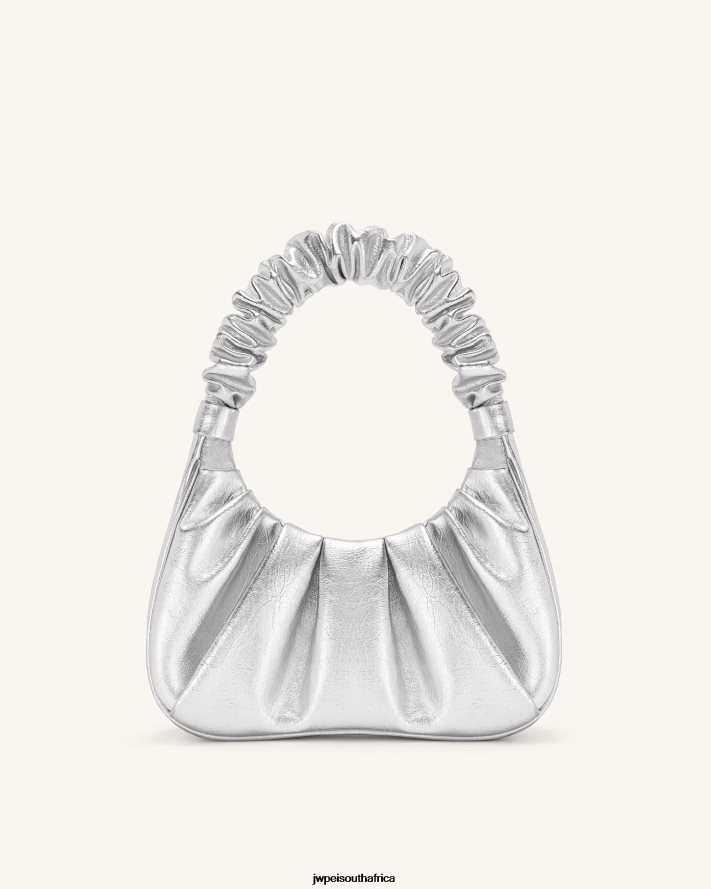 Silver JW PEI Gabbi Metallic Ruched Hobo Handbag VZL0L0146 Shoulder Bag
